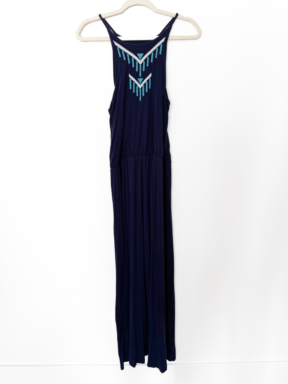 Rolla Coster Navy Blue Embroidered Halter Maxi Dress – Size Medium